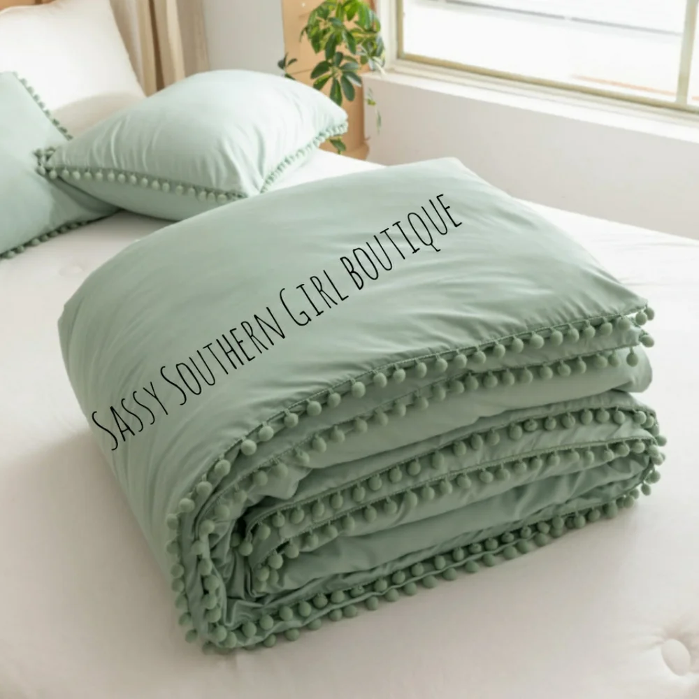 🆕⭐ Boho sage green pom pom comforter set